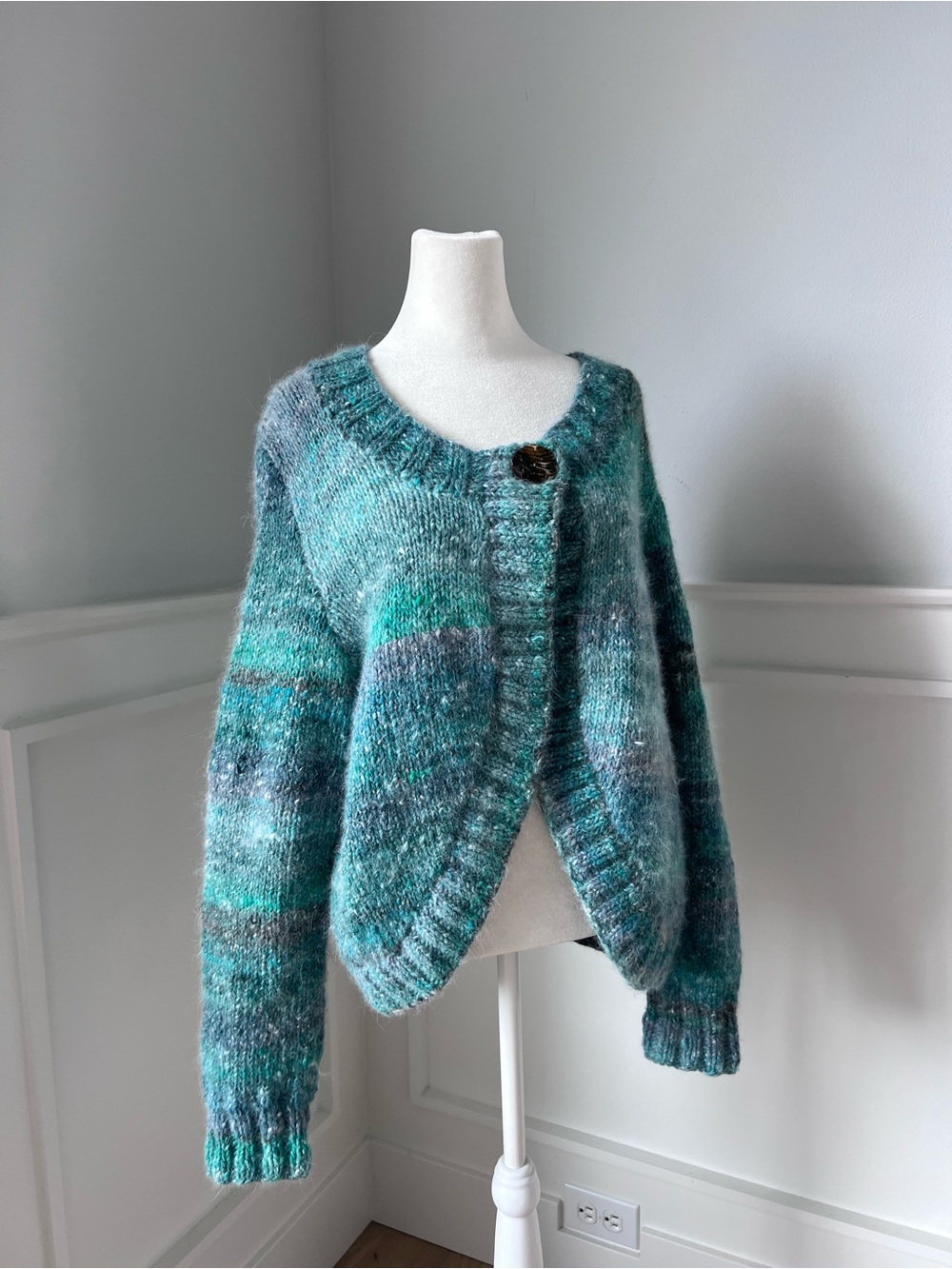 Cozy Teal Gradient wool baby alpaca-Blend Cardigan Sweater size L